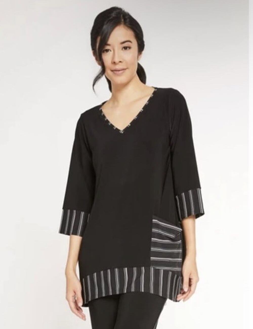 Sympli Black Match Stripe Tunic Top 3/4 Sleeve Pocket Artsy Lagenlook Size 10
